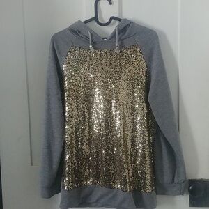 No Brand Grey Hoodie Sweatshirt Gold Sequins Size Large